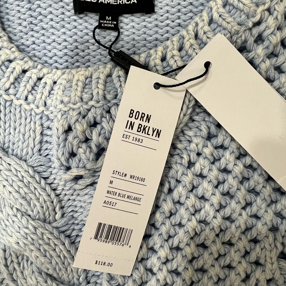 525 America Cable Knit Sweater Size Medium Light Blue Chunky Crop NWT Cotton - Picture 4 of 6